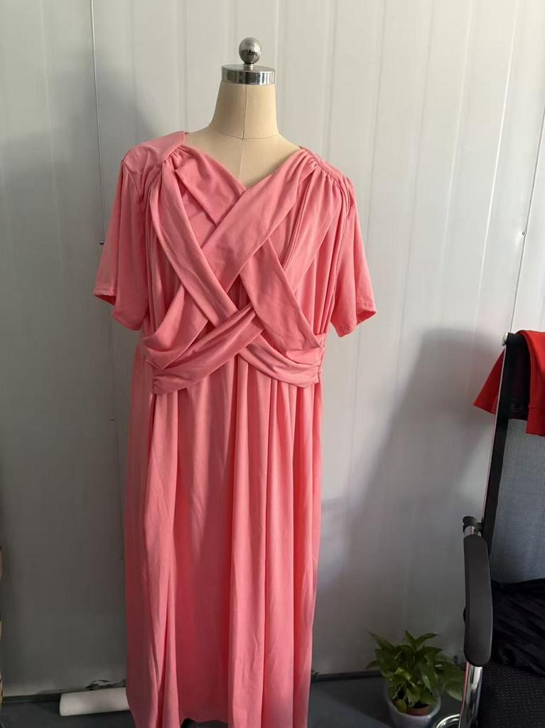 Women's Short Sleeve Midi Dress V Neck High Waist Streetwear Casual Solid Flared Long Dress With Side Pockets