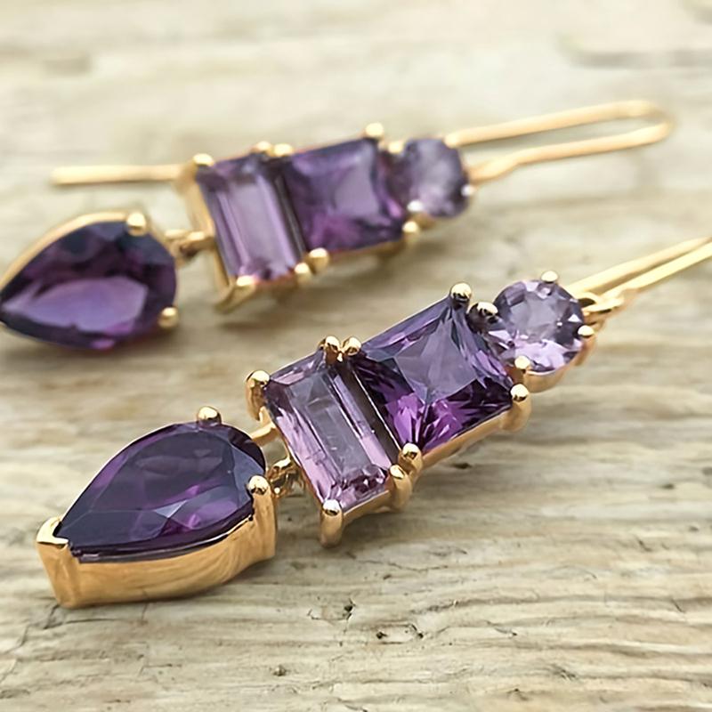 Huitan Charming Geometric Purple Cubic Zirconia Dangle Earrings for Women Exquisite Female Drop Earrings Wedding Trendy Zircon