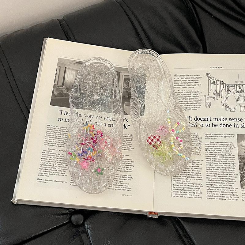 Fairy Wind Bag Head Cool Slippers Female 2025 Summer New Beaded Flat-bottomed Slippers Sweet Bow Water String Shoe Flower