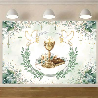1pc Green Leaf Communion Background Cloth Banner, Suitable for Communion Baptism, Festival Celebration, Room Decoration