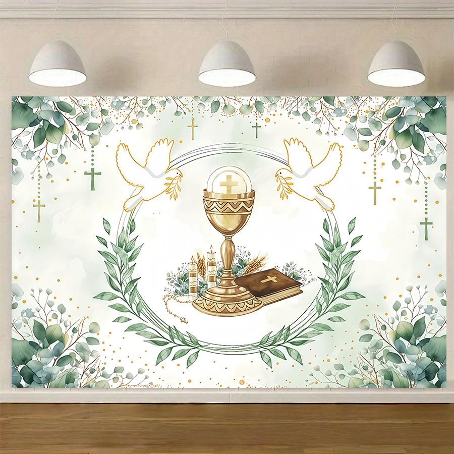 1pc Green Leaf Communion Background Cloth Banner, Suitable for Communion Baptism, Festival Celebration, Room Decoration