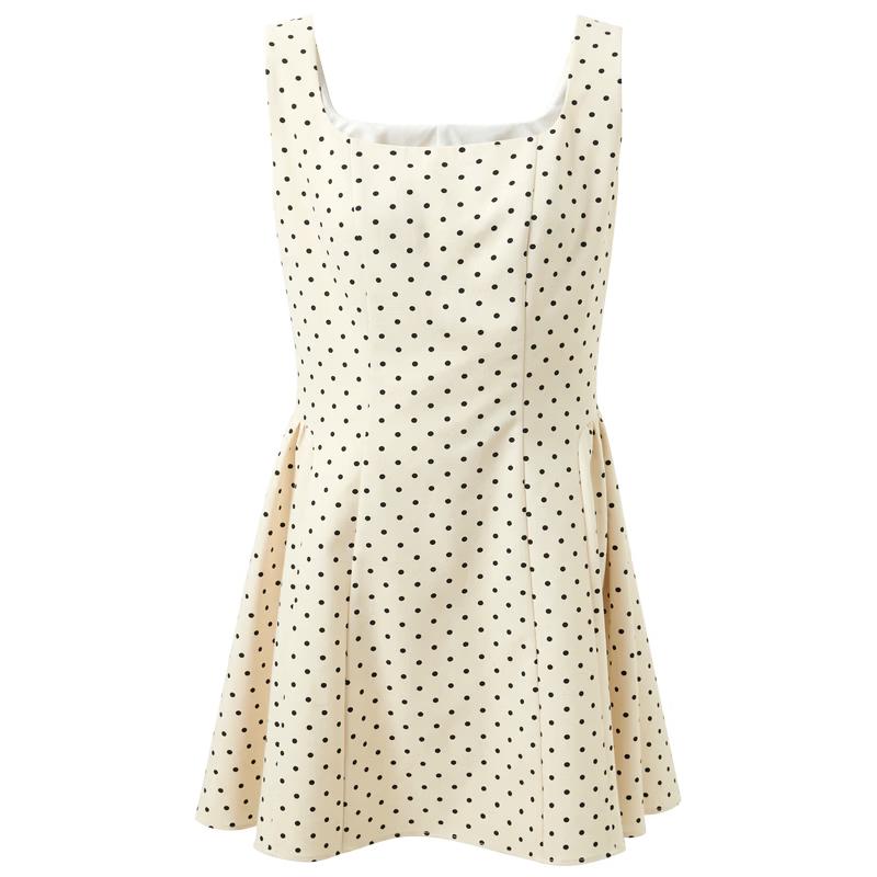 French Style Square Collar Polka Dot A-Line Mini Dress S