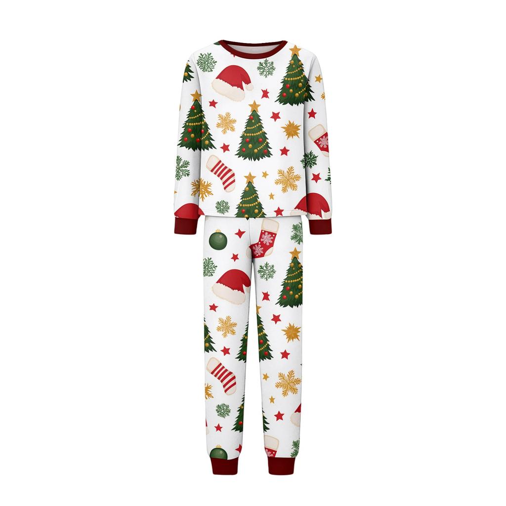 Family Matching Christmas Print Pajama Set Long Sleeve Neck Top and Pants for Parents and Kids