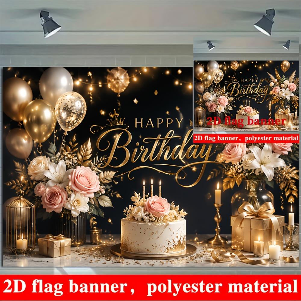 Black Gold Happy Birthday Backdrop Balloons Roses Cake Gift Boxes Polyester