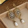 Vintage Golden Plated Inlaid Imitation Pearl Pendant Earrings Women's Elegant Banquet Jewelry Accessories Dangle Earrings Gifts