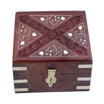 15 Cm Sheesham Wooden Brass Storage Box Hand Carved Jewellery Box Decorative Gift Box