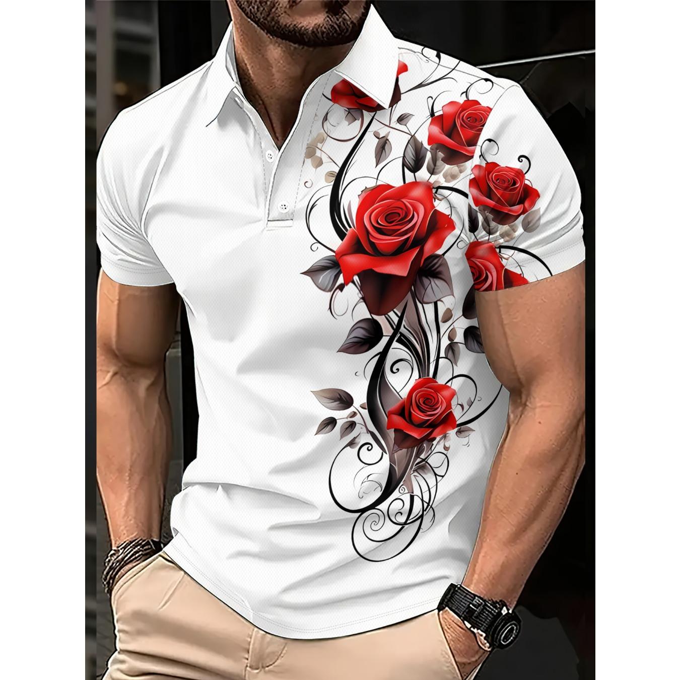 2026 Summer Men s Polo Shirt with Rose Flower Print Breathable Lightweight Casual and Fashionable Men s Clothing S
