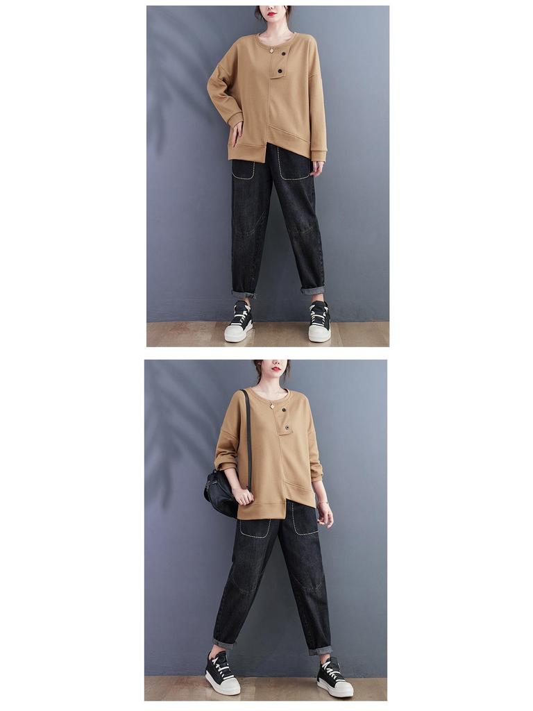 Autumn/Winter 2023 Women's Cotton Loose Fit Round Neck Pullover with Slit Hem, Plus Size Long Sleeve Casual Sweatshirt
