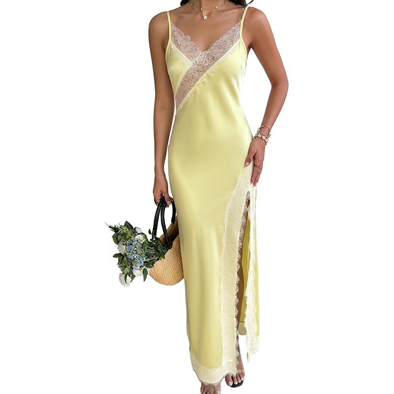 New Soft and Sensual Pure-color Satin Lace Halter Dress