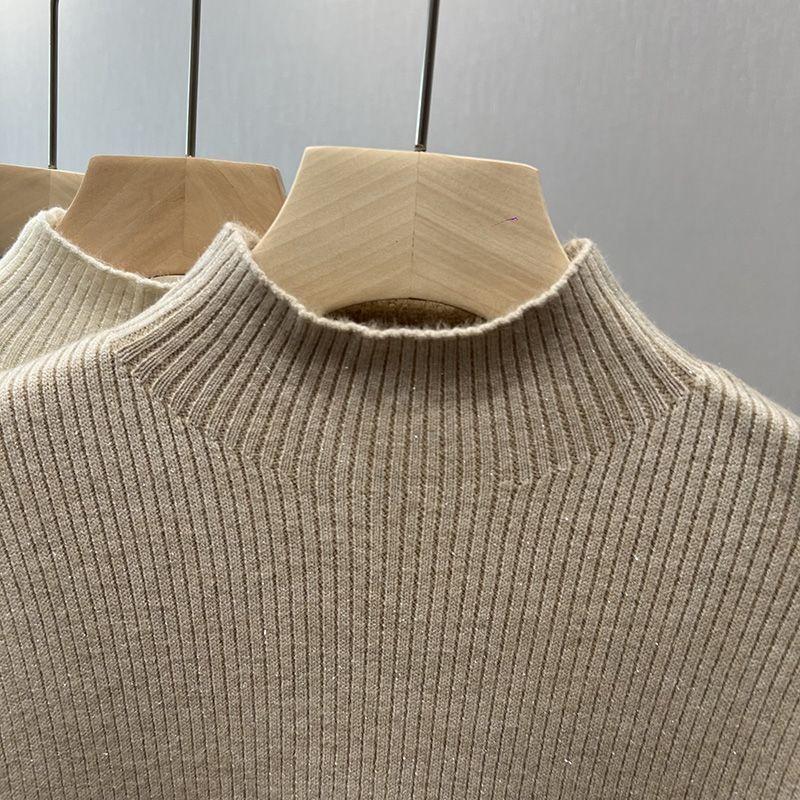 Women Solid Bright Fleece Warm Sweaters Casual Slim-fit Elegant Pullovers Half Turtleneck Long Sleeve Knitwear Jumpers