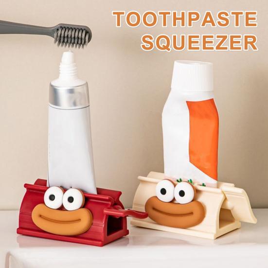 Cartoon Toothpaste Dispenser with Suction Base Wall-Mounted Roller Squeezer for Toothpaste Face Wash No-Waste Funny Bathroom Organizer for Kids Adults
