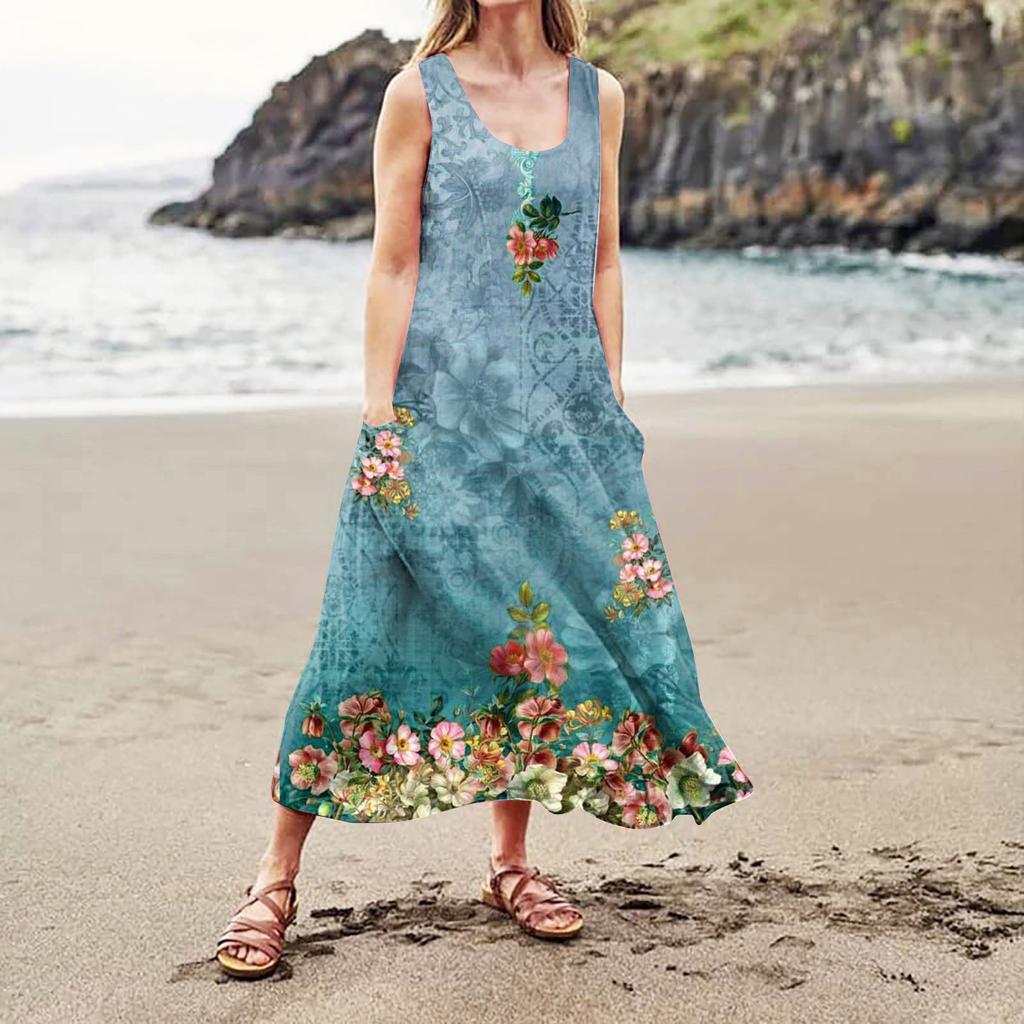 Damen Sommerkleid, lässig, modisch, bedruckt, ärmellos, Rundhalsausschnitt, Taschenkleid