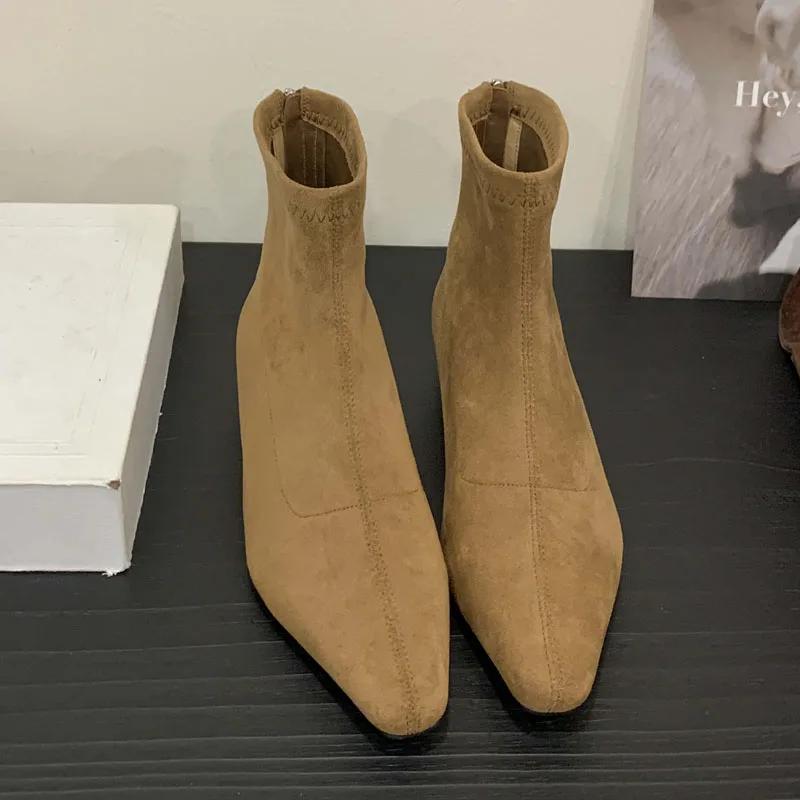 Mode Eilyken Winter Hohe Qualität Reißverschluss Damen Stiefeletten Spitzschuh Niedrige Absätze Vintage Freizeitschuhe