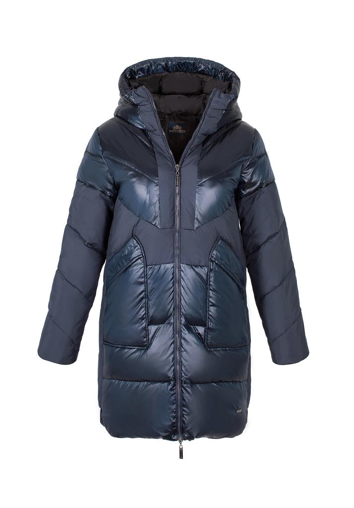Wittchen Women's Down Coat In Combination Materials With Hood, Navy Blue, Navy Blue Nylon