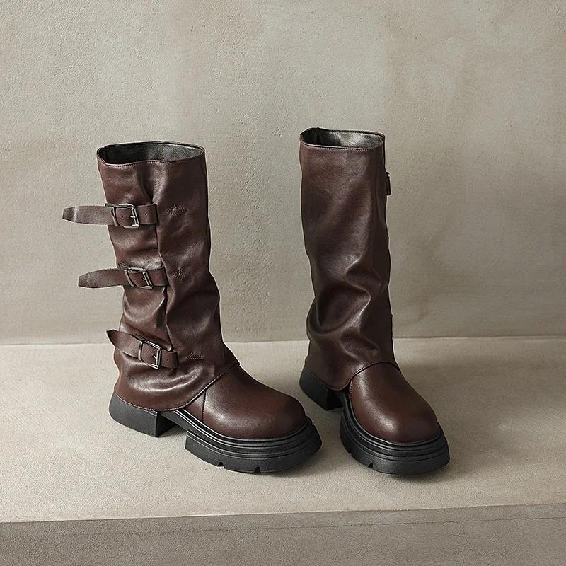 

мода Зимние женские сапоги рыцаря Модные ботильоны с пряжкой на поясе и средней ногой Дизайнерские ботильоны на квадратном каблуке Largas 35 коричневый