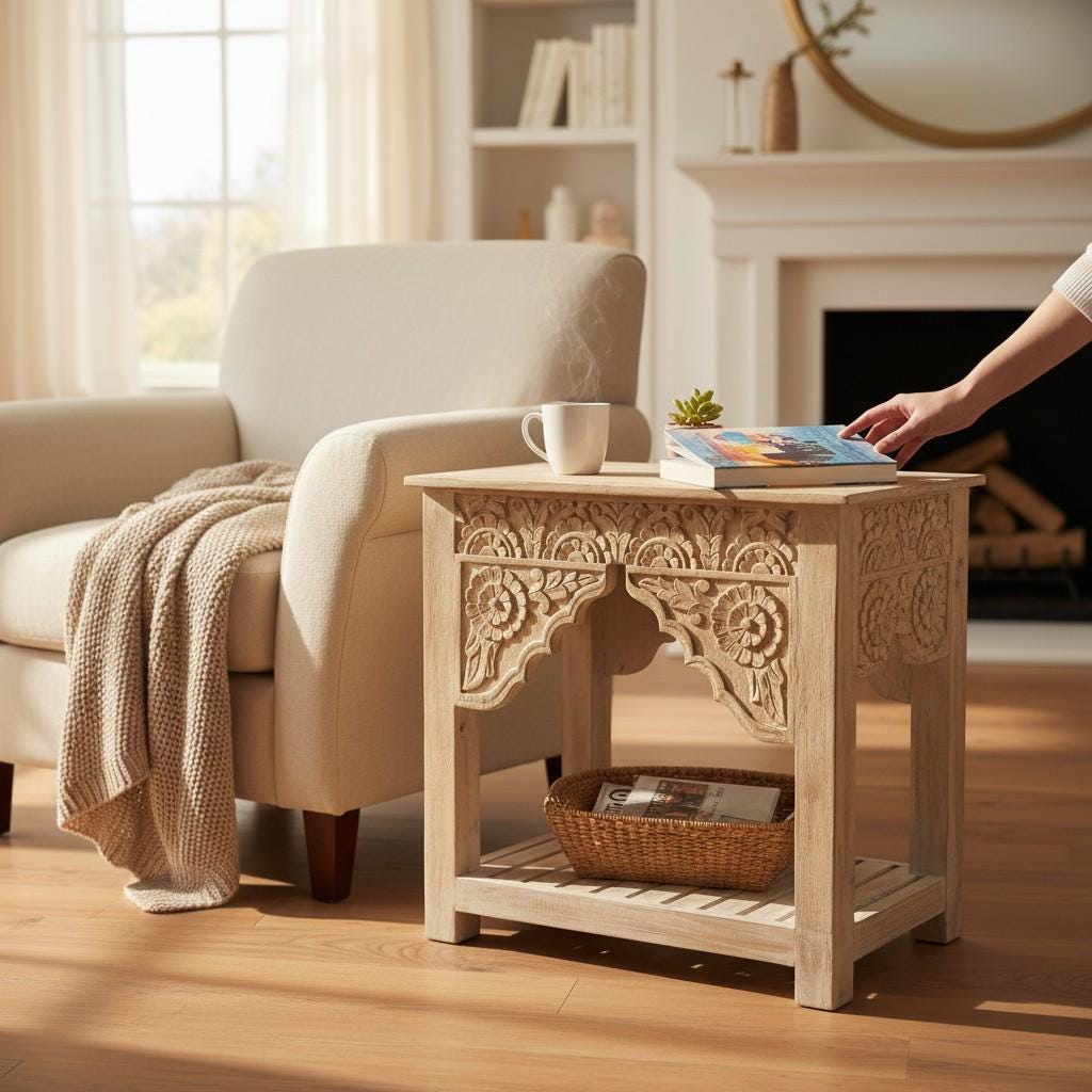 Hand-Carved Wooden Console Side Table Nightstand with Floral Bedside Table with Shelf | Solid Mango Wood Accent Table Traditional Table