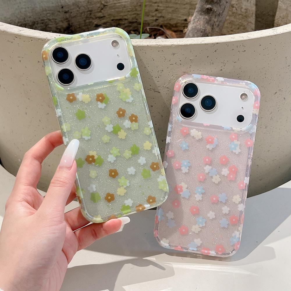 Ins Cute Spring Floral Sequins Bling Phone Case For iPhone 16 15 14 17pro 17ProMax Lovely Glitter Flower Shockproof Soft Cover