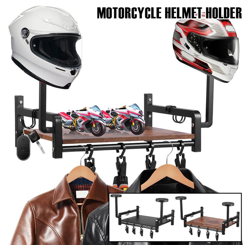 Helmet Holder Wooden Wall Mount Motorcycle Helmet Display Stand with 4 Clip and 2 Hook Multi-purpose Riding Suits Storage Rack