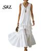 Women Dress Women's Sleeveless Summer Long Tank Dress, V Neck Tiered Layered Lotus Leaf Skirt Ruffle Maxi Casual Loose Flowy Beach Sundress
