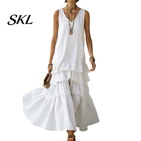 Women Dress Women's Sleeveless Summer Long Tank Dress, V Neck Tiered Layered Lotus Leaf Skirt Ruffle Maxi Casual Loose Flowy Beach Sundress