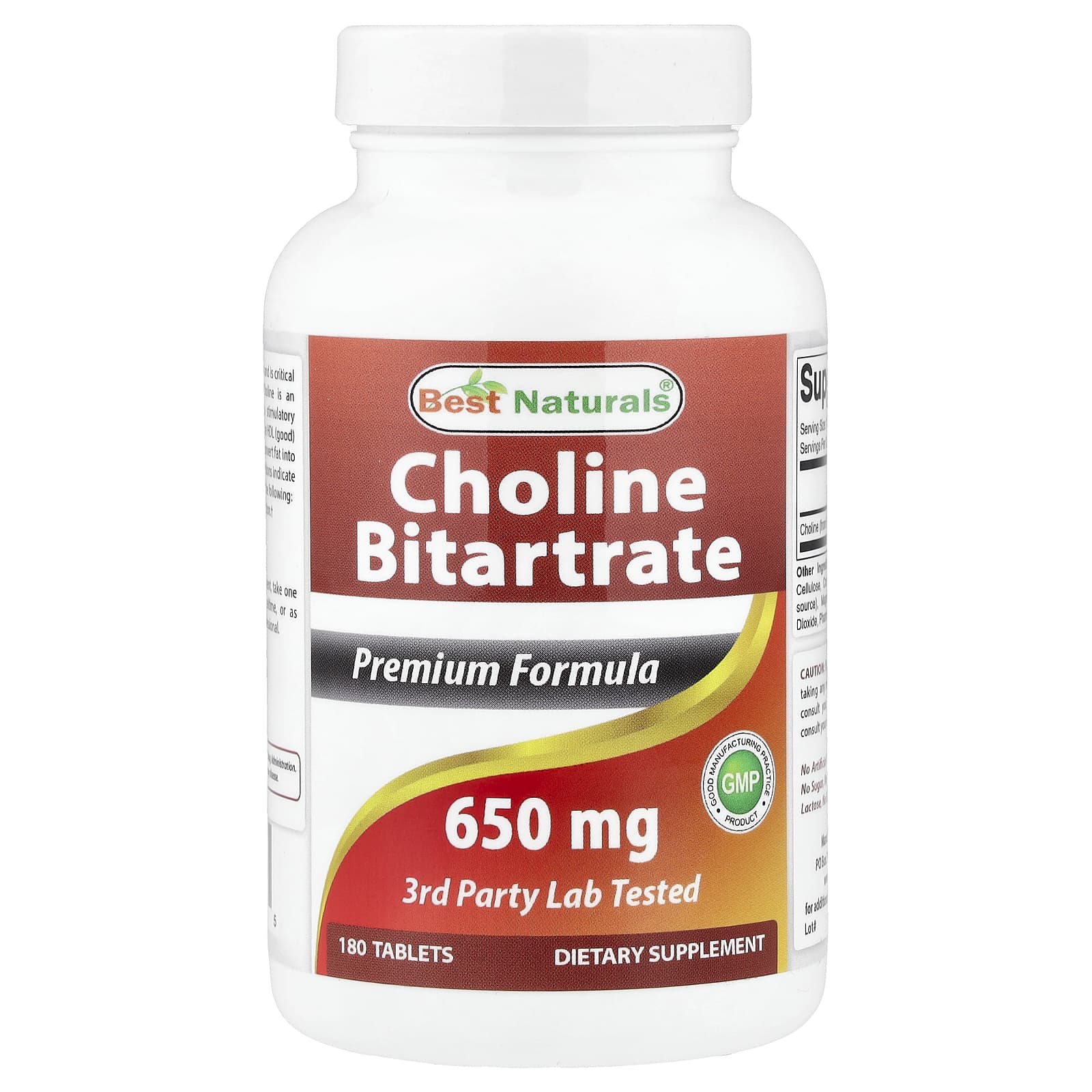 Best Naturals, Tartrate de Choline, 650 mg, 180 Comprimés