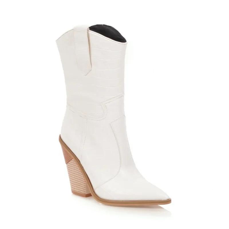 Black Yellow White Knee High Boots Western Cowboy Boots for Women Long Winter Boots Pointed Toe Cowgirl wedges Motorcycle Boots