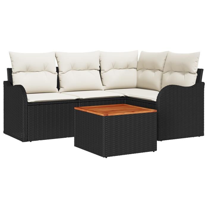 Set de Canapé de Jardin vidaXL 5 Pièces avec Coussins Rattan Poly Noir Acacia, Canapé de Jardin 2 Places vidaXL avec 3347446