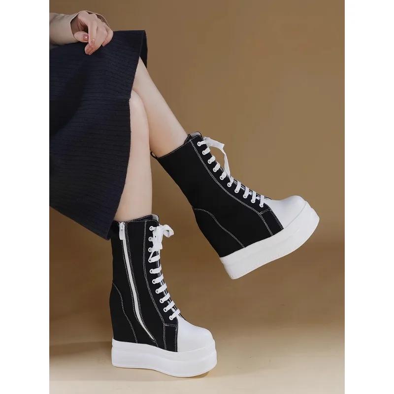 14CM Denim Women Spring Ankle Boot High Brand Platform Wedge Autumn High Brand Skateboard Breathable Shoes