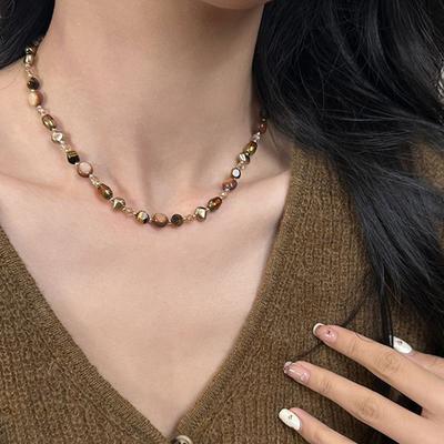 Vintage Brown Natural Tiger Eye Stone Choker Necklace For Women Trendy Handmade Beaded Chain Necklace Jewelry Gift