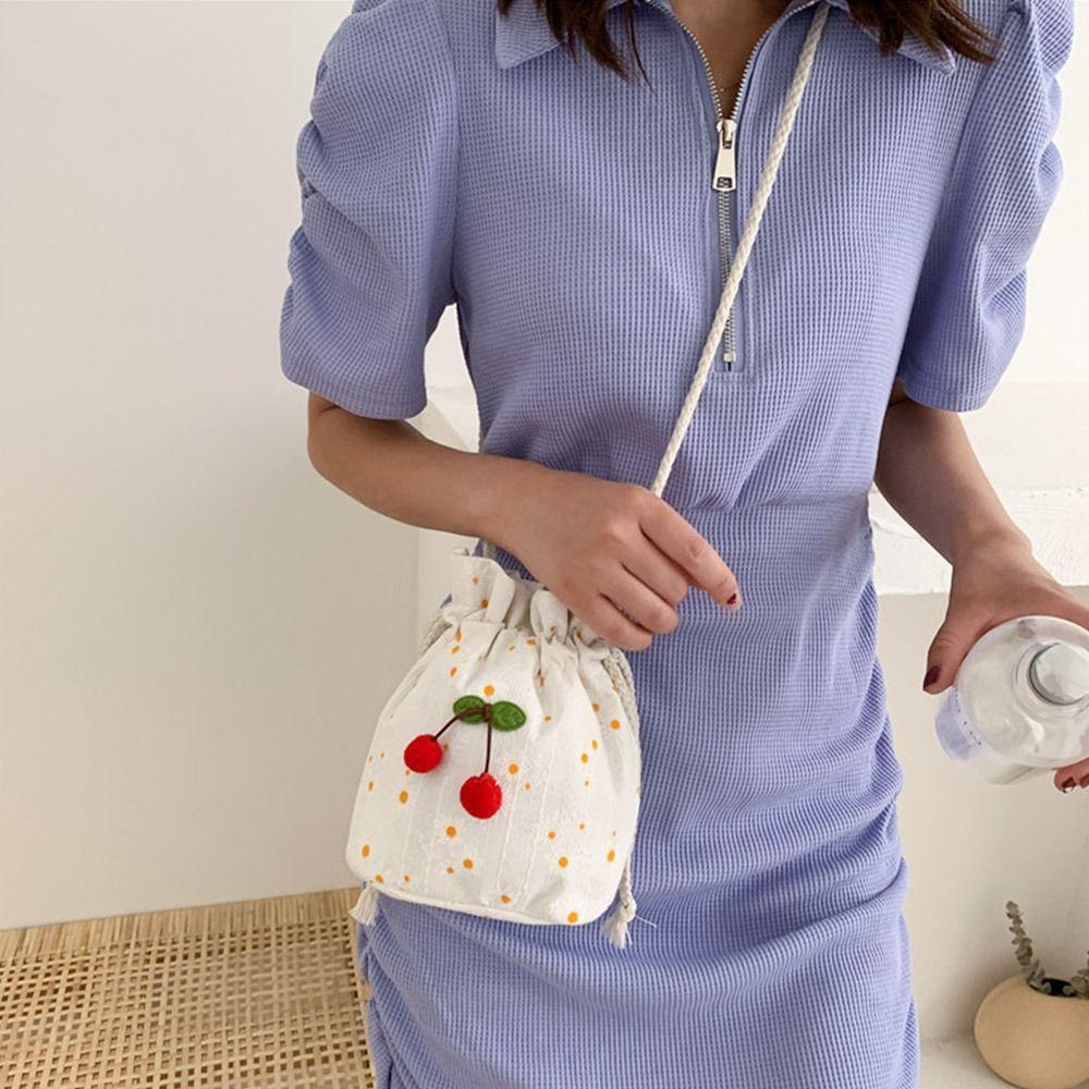 Korean Cute Canvas Cherry Bucket Bag for Women Summer Simple Casual Small Crossbody Bag Female Fashion Shoulder Bags