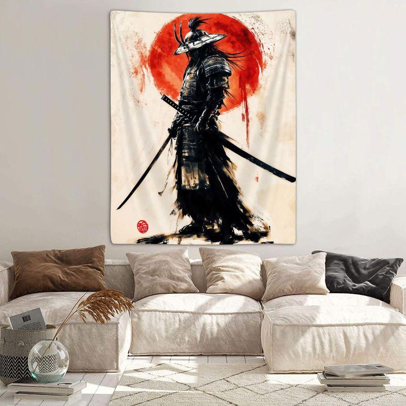 Japanese Retro Martial Arts Warrior Tapestry, Oriental Wall Hanging, Vintage Samurai Wall Decor for Bedroom Living Room