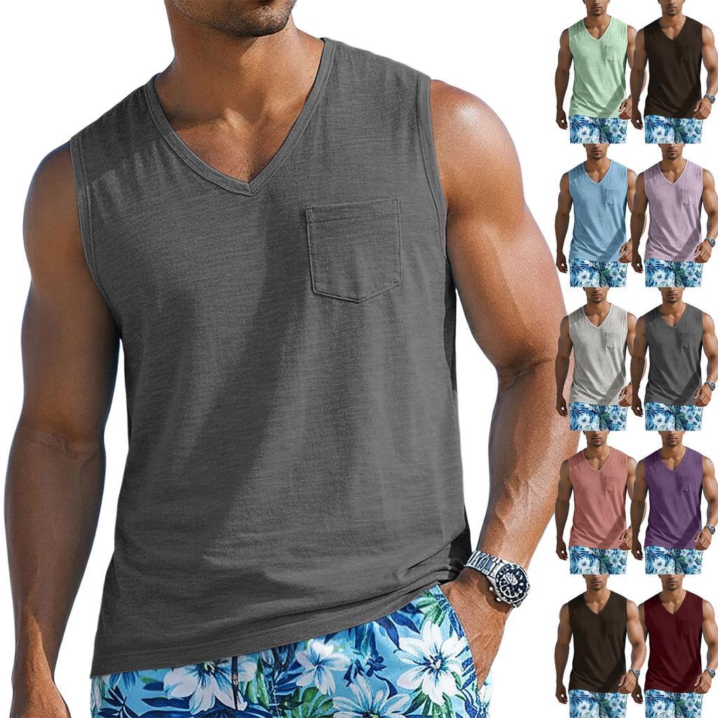 Men's Athletic Casual Wide Strap Tank Top with Functional Pocket Sleeveless Shirt Suitable for Workout and Leisure Activities