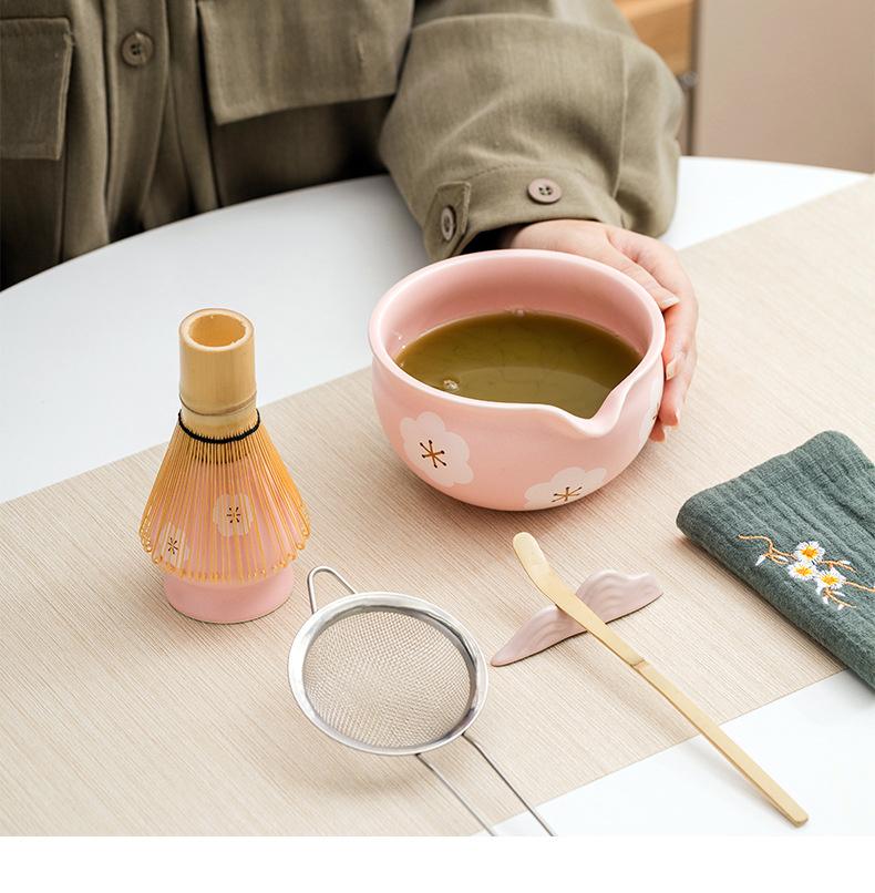 4-7pcs Set Ceramic Matcha Bowl Large Capacity Smooth Matcha Whisk Stand High Temperature Resistant Tea Salad Soup Bowl