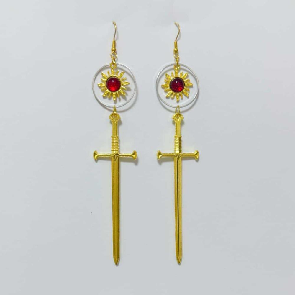 Dark Gothic Inlaid Red Crystals Gold Color Sun Sword Cross Dangle Earrings for Women Personality Retro Hallowmas Party Jewelry