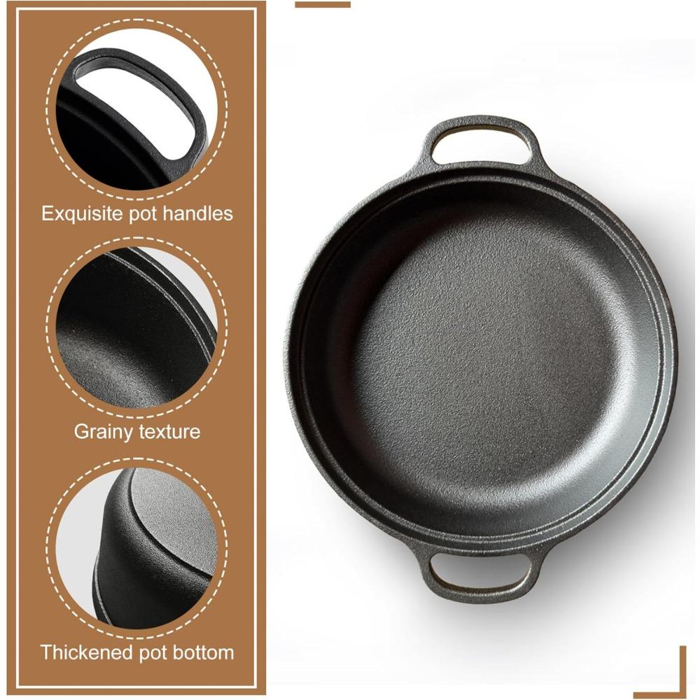 Cast Iron Skillet Round Non Stick Cast Iron Pan with Double Handles for Gas Electric Induction Oven Flat Outdoor Cooking Camping