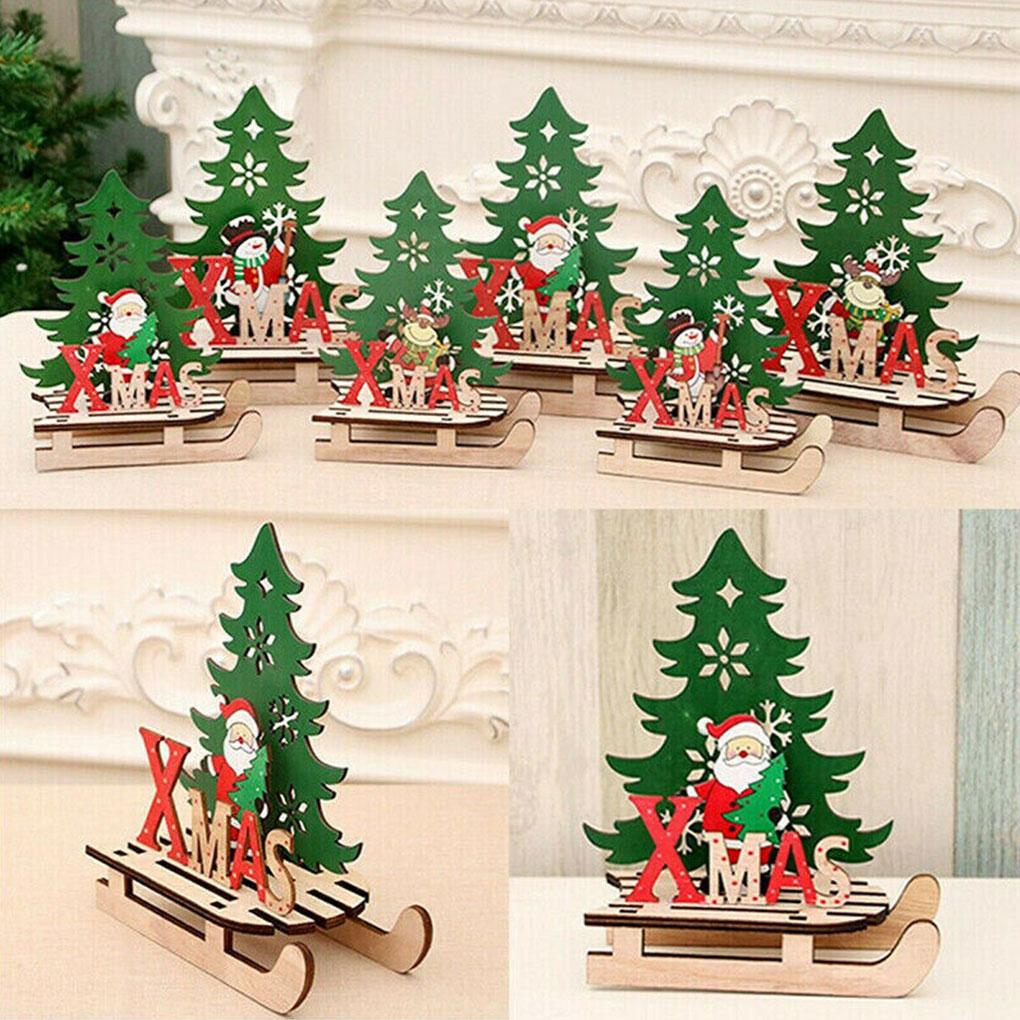 Christmas Assembled Ornament DIY Handmade Sleigh Wooden Craft Xmas Table Decoration Small Snowman