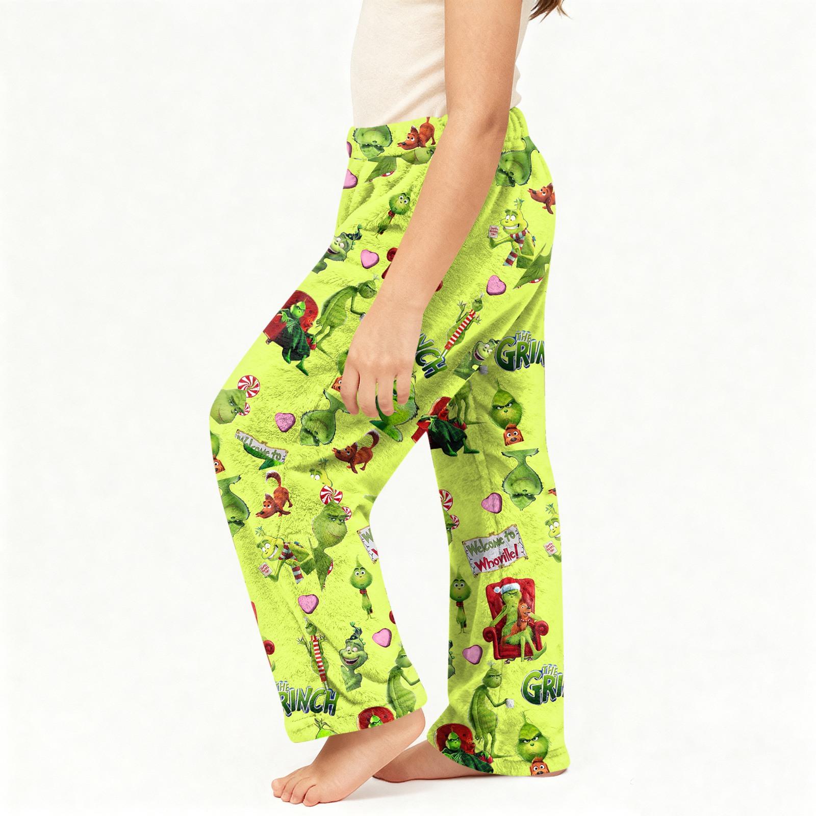 

Kids Plush Lounge Pants Soft Cozy Sleepwear Bottoms Elastic Waistband Casual Fit Holiday Themed Patterned Pajama Trousers 130