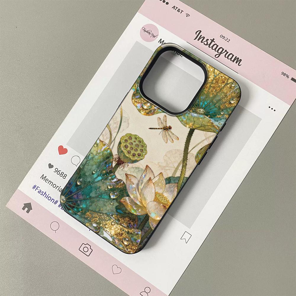 

Golden Lotus Leaf Pattern Silicone Phone Case For iPhone 17 16 15 14 13 12 11 Pro Max iPhone 16 Plus Advanced oil painting Cover iPhone XR