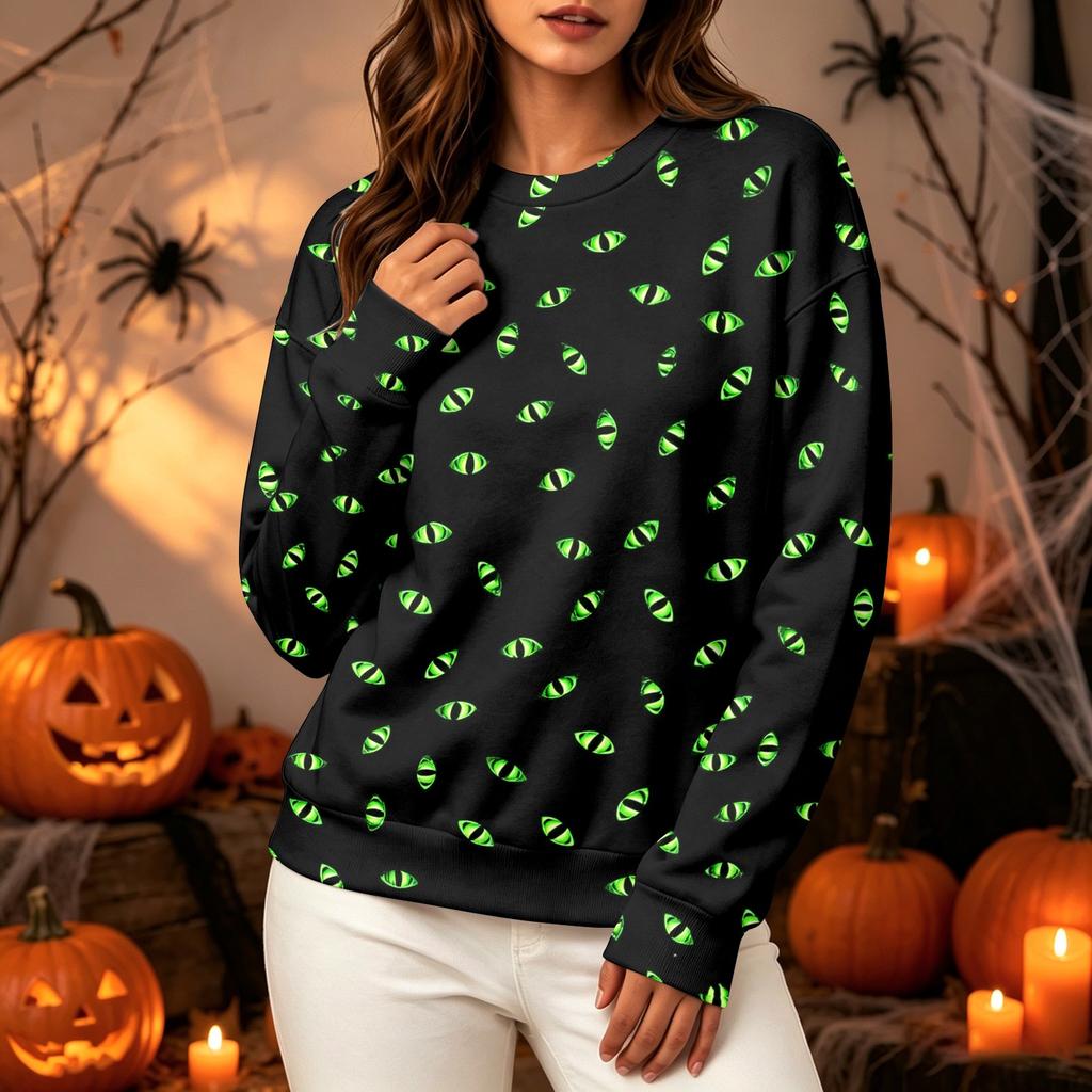 Women's Halloween Long Sleeve Sweatshirt with Pumpkin Print, Round Neck Pullover Top for Casual Daily Wear
