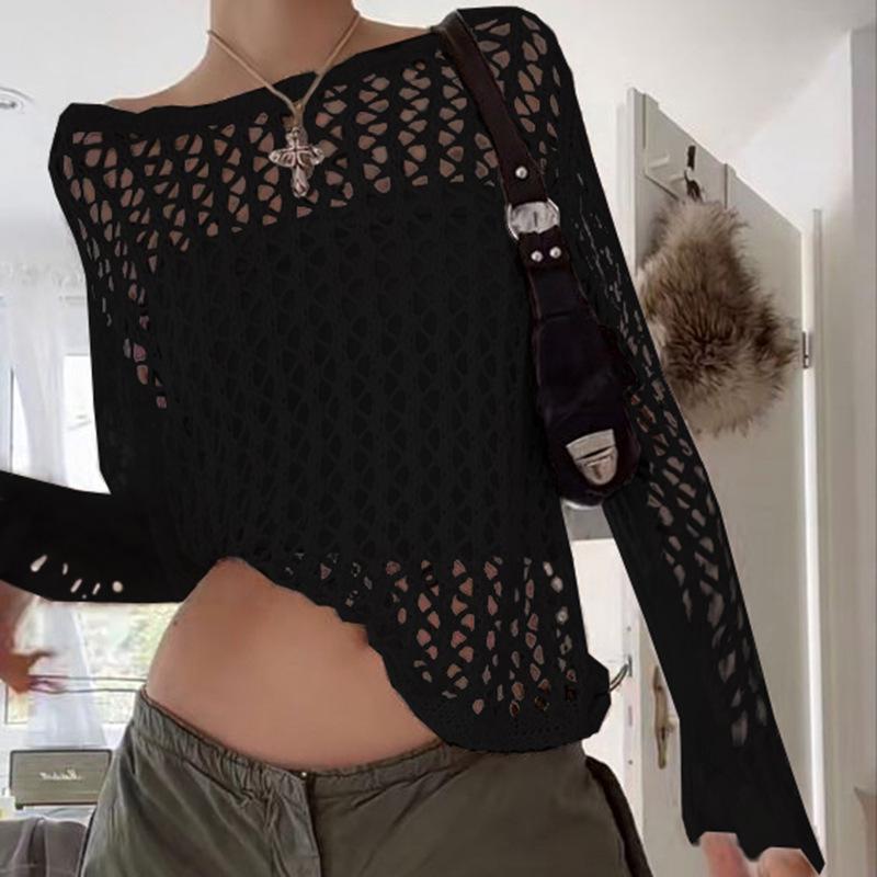 Women's 2026 New American Style Loose Knit Cardigan - Hollow Big Round Neck, Solid Color, See-through Mesh, Long Sleeve.