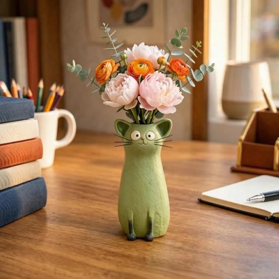 Quirky Cat Vase Handcrafted Resin Cat Flower Vase Funny Kitty Planter for Desk Shelf Boho Home Decor Gift for Cats Lovers