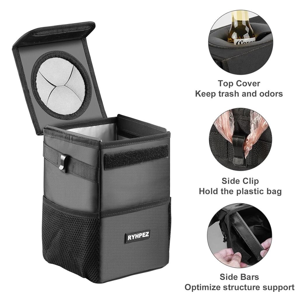 Ryhpez Car Trash Can With Lid - Leakproof Trash Bin Car Garbage Can, Collapsible Automotive Truck Organizer And Storage Bag Car Accessories For Women