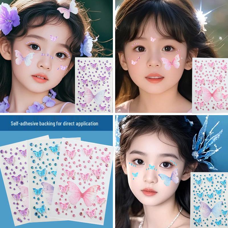 Children's Sequin Eyeshadow & Butterfly Rhinestone Stickers - Glue-Free, Self-Adhesive Stage Makeup for Performances
