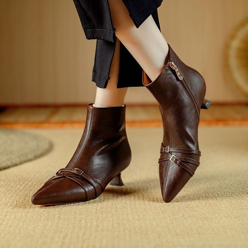 Fashion NEW Autumn/Winter Women Boots Pointed Toe Kitten Heel Shoes Split Leather Shoes Women Zip Ankle Boots Belt Buckle Modern Boots