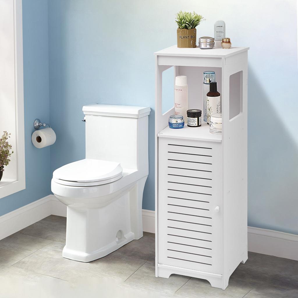 4-Tier White PVC Bathroom Storage Cabinet – Floor Standing Organizer with Ventilated Door – 35.4 Inch Tall