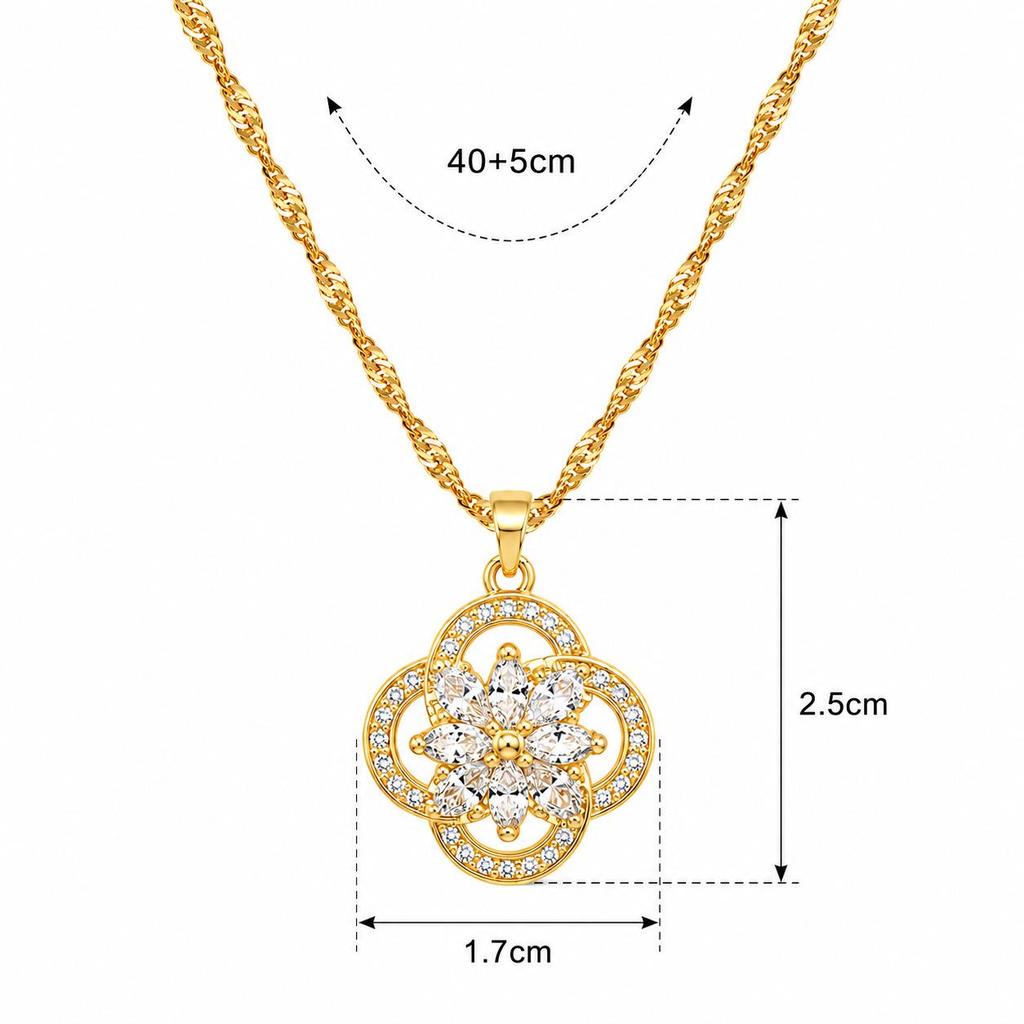 Trendy Four-Leaf Clover Zircon Pendant Necklace, 18K Gold-Plated Copper