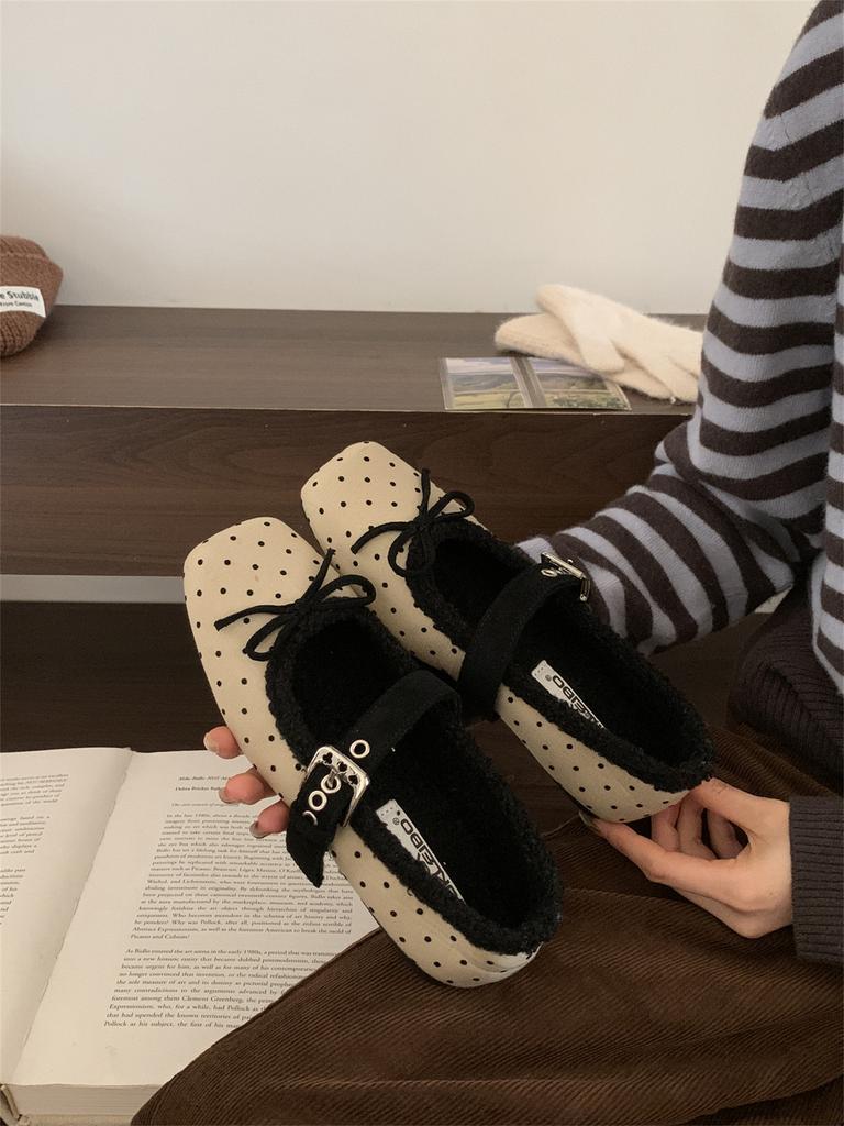 French Bow Huge Good-looking Super Fire Fluffy Winter Shoes Mary Jane Single Shoes Fluffy Shoes Women Wear Velvet