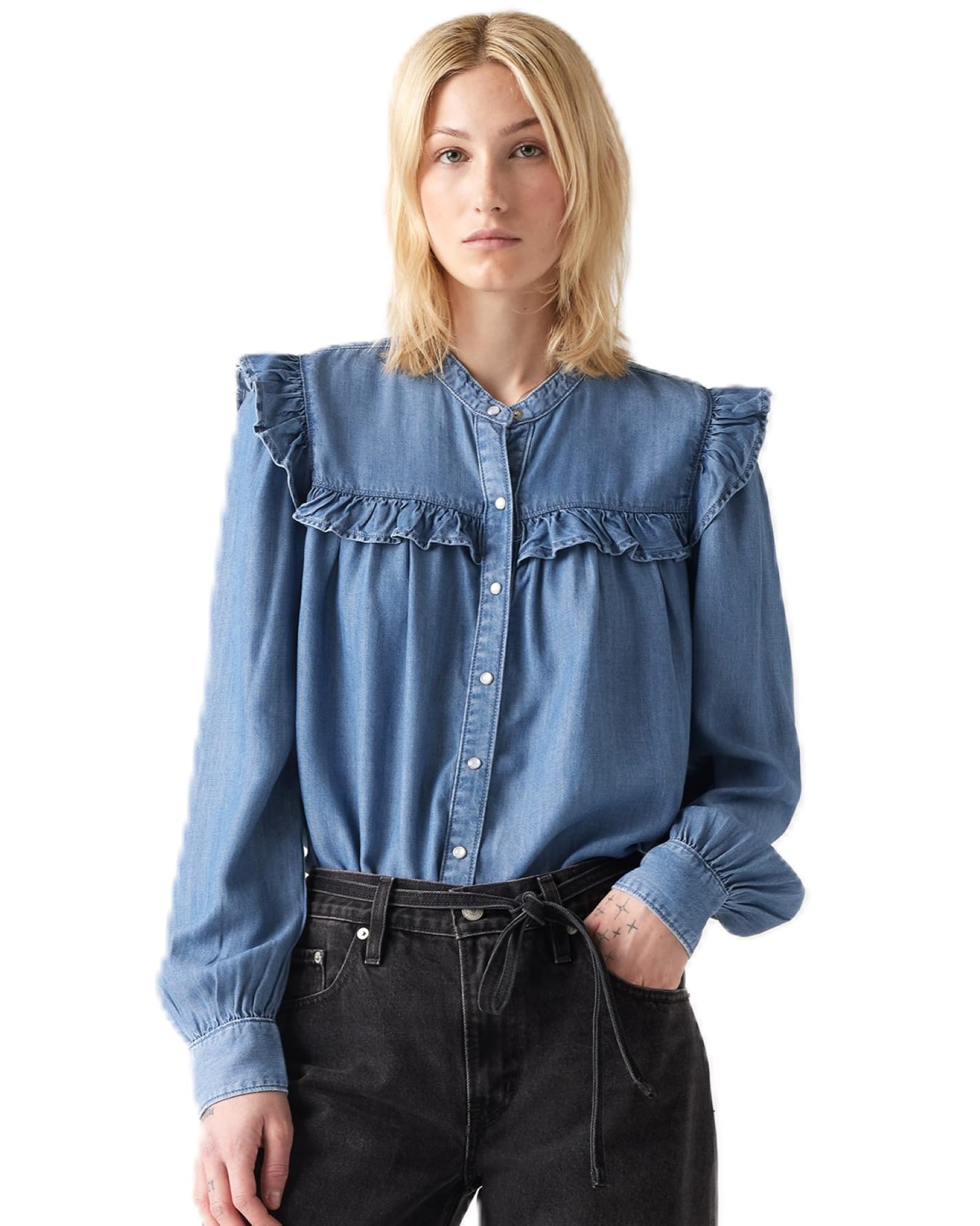 Levi s Blouse GIANNA Band Collar Ruffle Blouse Long Sleeve Women s A8688-0013 US S