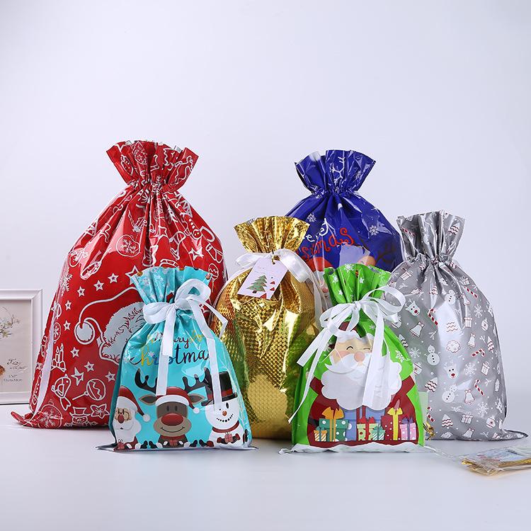 New Christmas Gift Packaging Bag Santa Claus Snowman Printed Drawstring Gift Bag Aluminum Foil Christmas Decoration Products