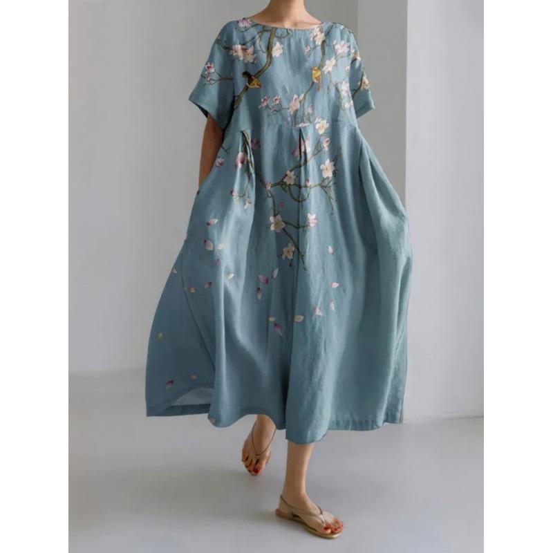 Damen Sommer Übergröße Gestreiftes Print Maxikleid, Lässiges Lockeres Rundhals Kurzarm Oversized A-Linien-Kleid